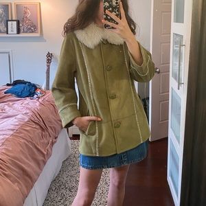 Vintage Green Faux Suede Fur Collar Pea Coat